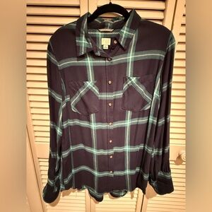 a new day Women's Navy and Teal Plaid Button Down Shirt